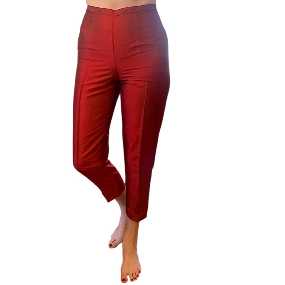 GIANNI PETITE Red Silk High Waist Cuffed Ankle Cropped Pants • Vintage 90s • 4 P